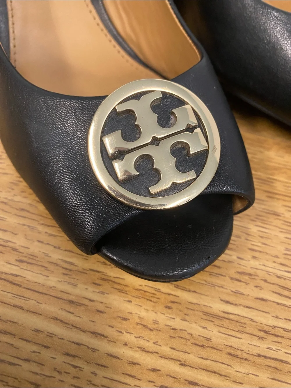Tory Burch Black Leather Peep-Toe Heels with Gold Logo Medallion